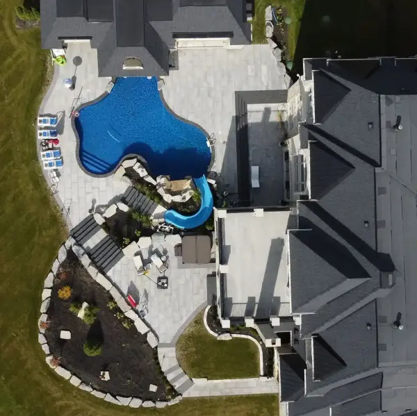 Overhead view of the freeform pool and slide