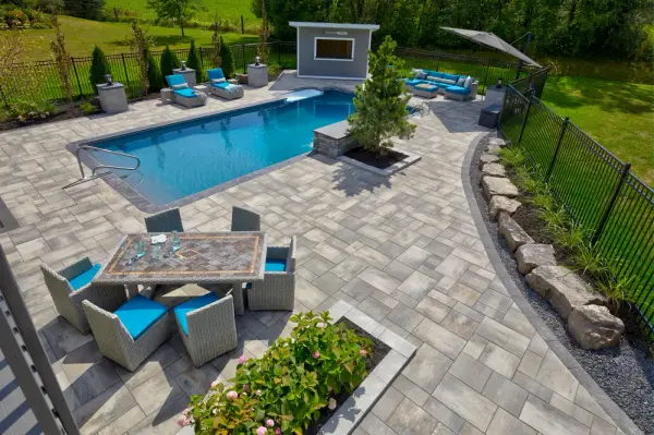 Pool and terrace with the cabana beyond