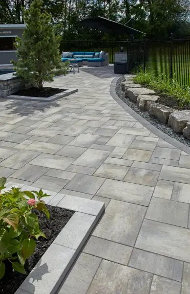 Fire table and lounge seating on the paver terrace