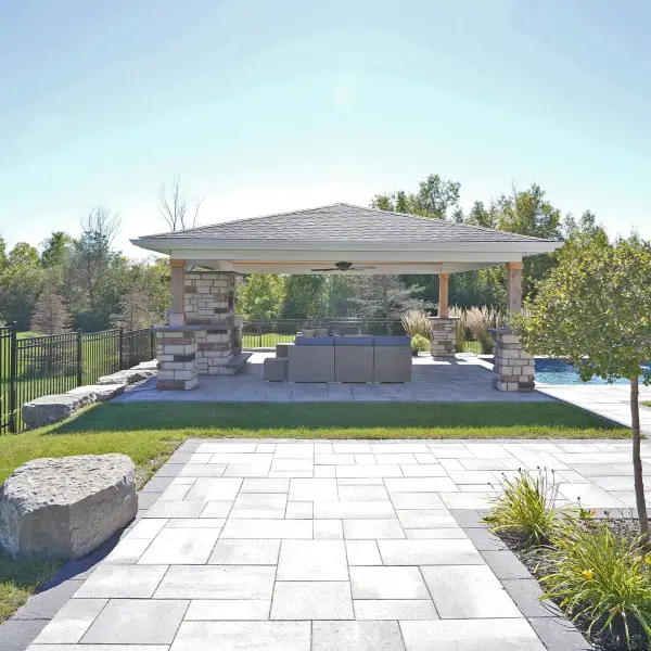 The pavilion across the paver terrace