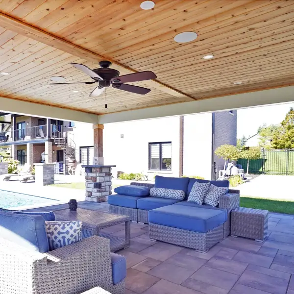 Lounge seating beneath the cedar ceiling