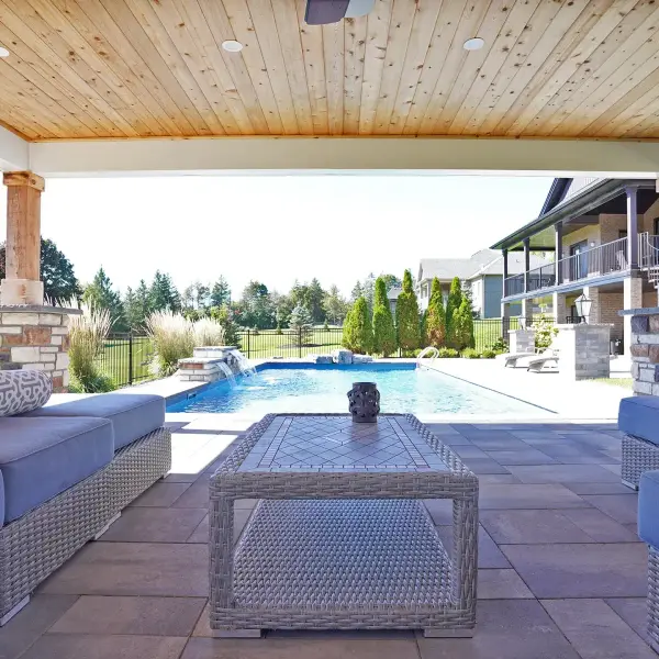 Pool terrace with the pavilion beyond