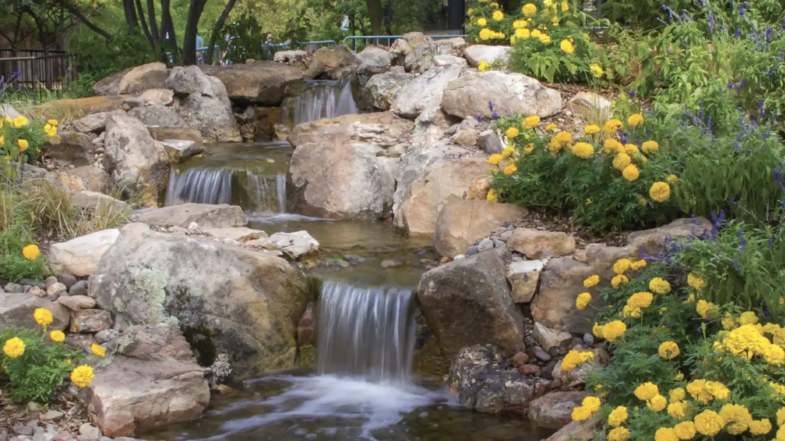 Waterfall running through a planted rock garden