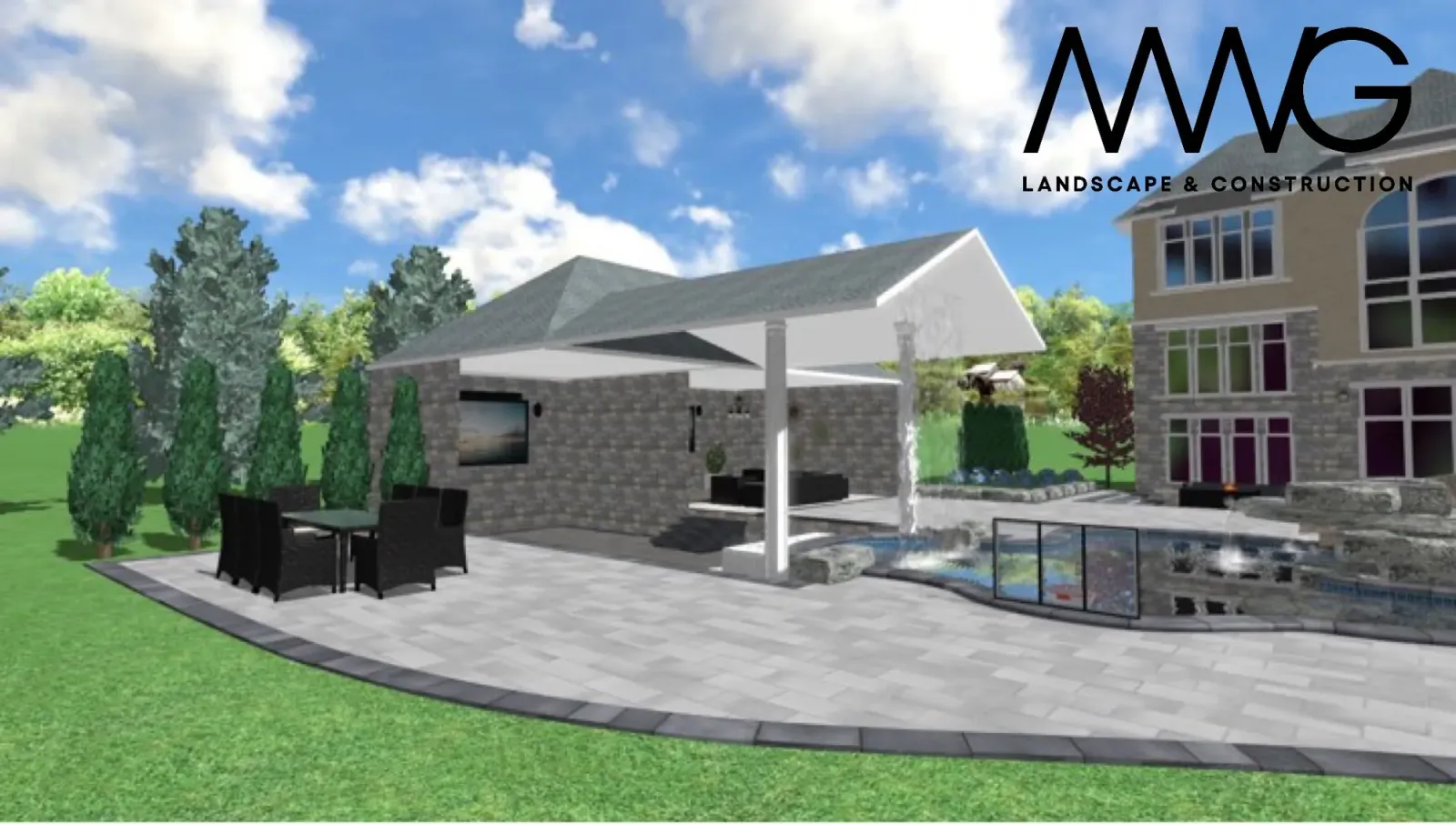 3D render of the rear terrace and pool