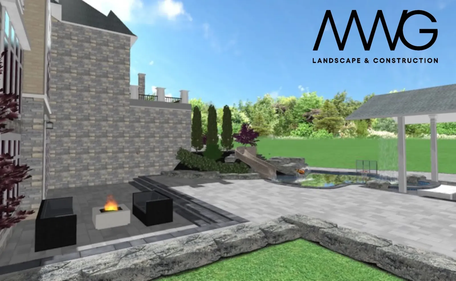 3D render of the outdoor kitchen and fire feature