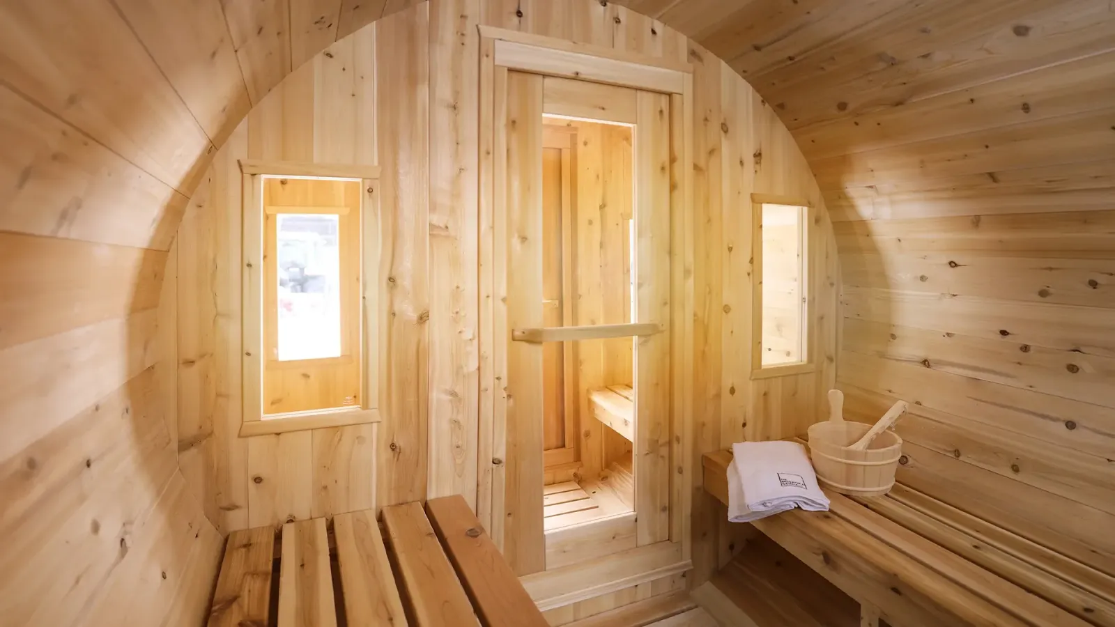 Inside the cedar barrel sauna