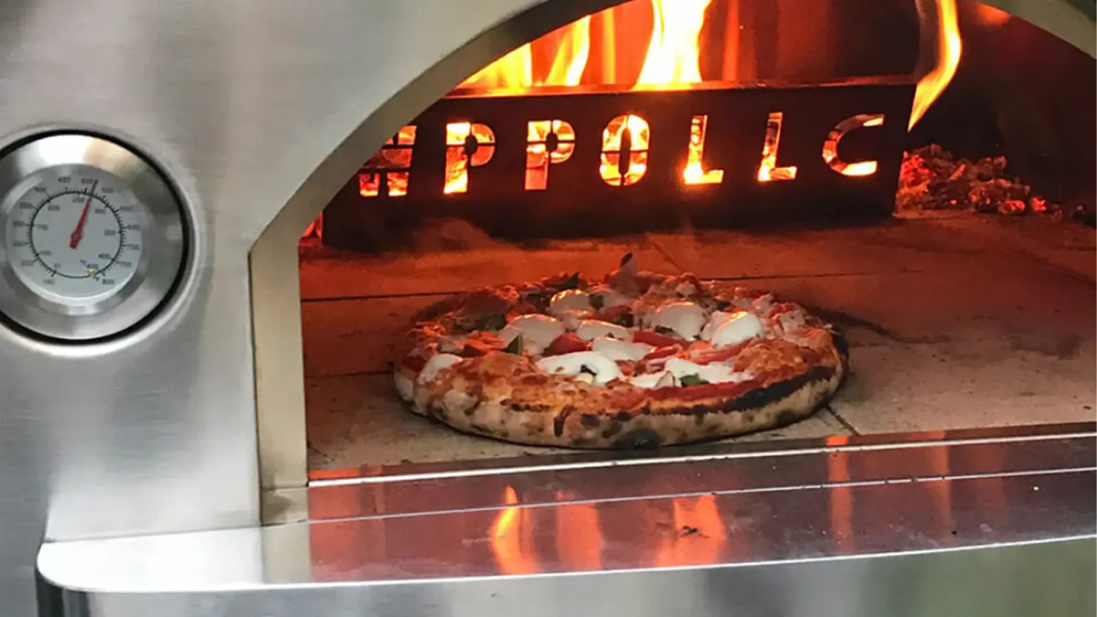 Wood-fired pizza oven at full heat